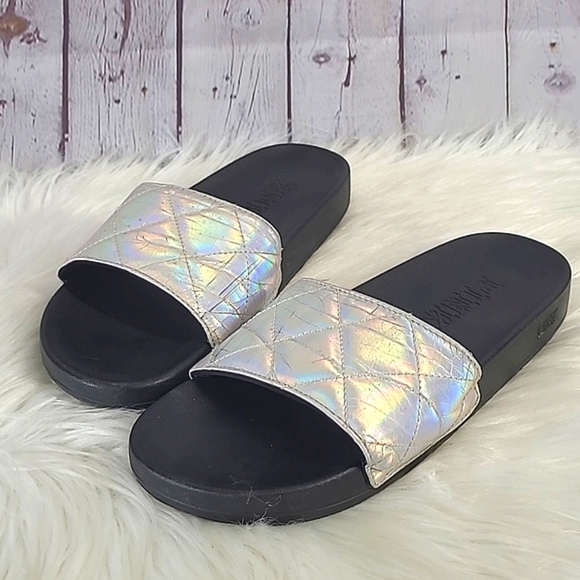 Victoria's Secret PINK Silver Rainbow Holographic Metallic Slide Slip-On Sandals - Picture 4 of 17